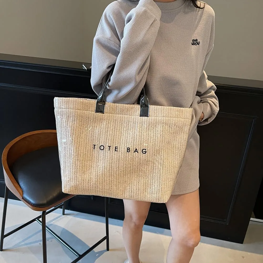 PVC Tote Bag for Women Plastic Straw Tote Bag Large Letters Print Handbag