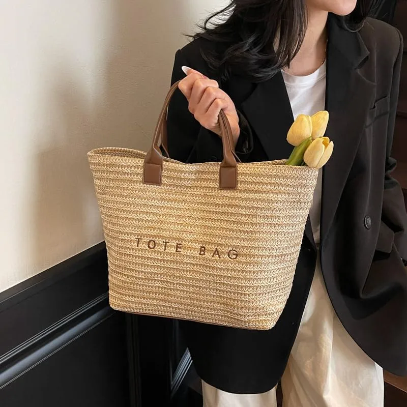 PVC Tote Bag for Women Plastic Straw Tote Bag Large Letters Print Handbag