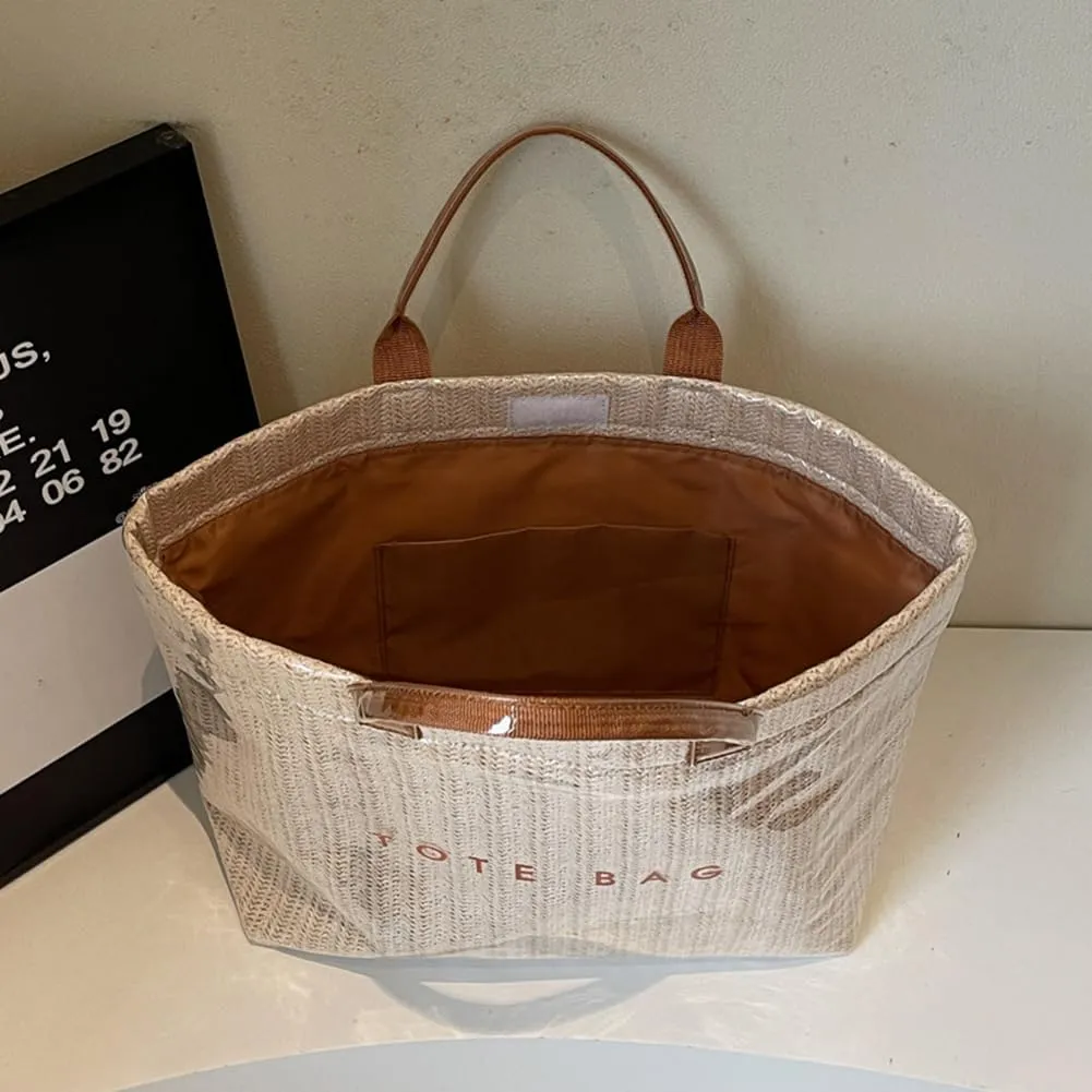 PVC Tote Bag for Women Plastic Straw Tote Bag Large Letters Print Handbag