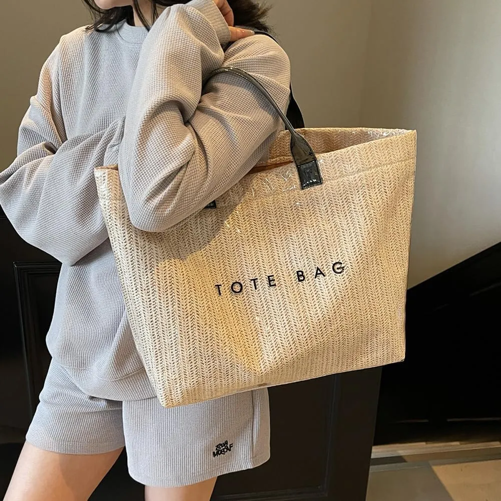 PVC Tote Bag for Women Plastic Straw Tote Bag Large Letters Print Handbag