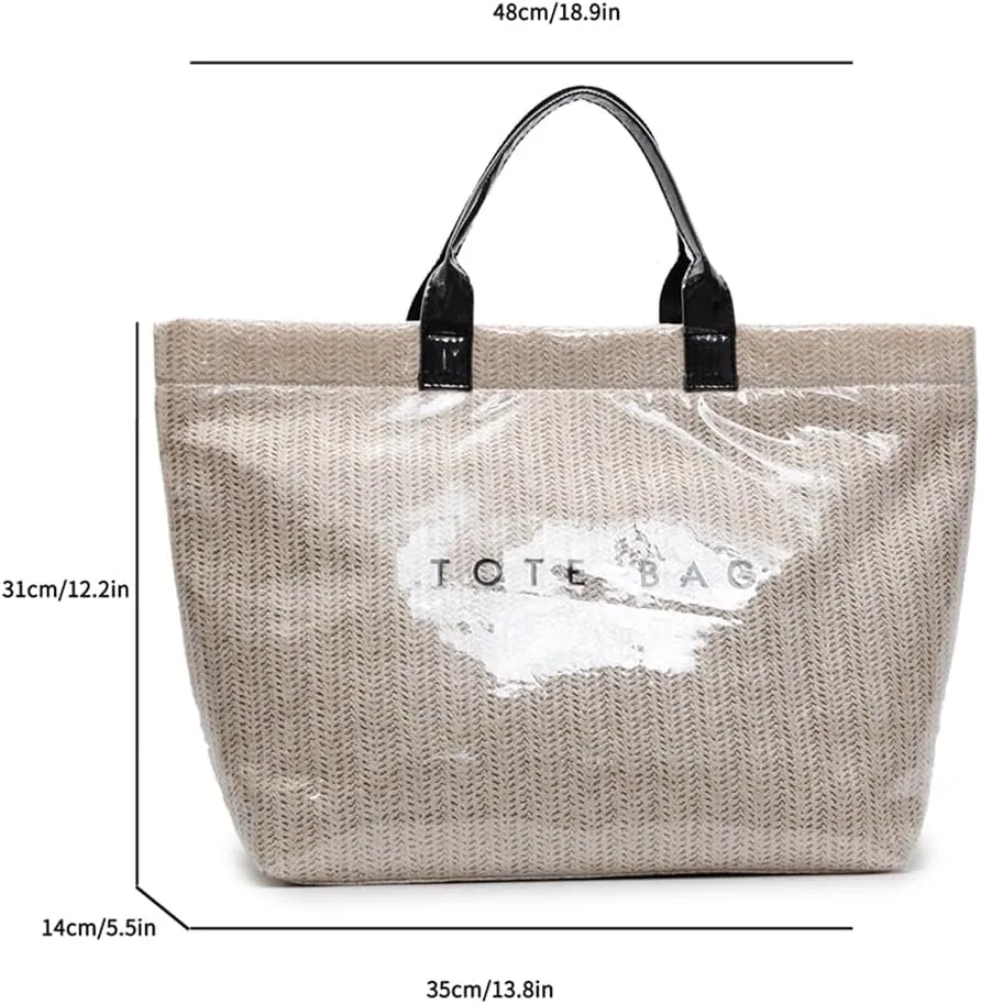 PVC Tote Bag for Women Plastic Straw Tote Bag Large Letters Print Handbag