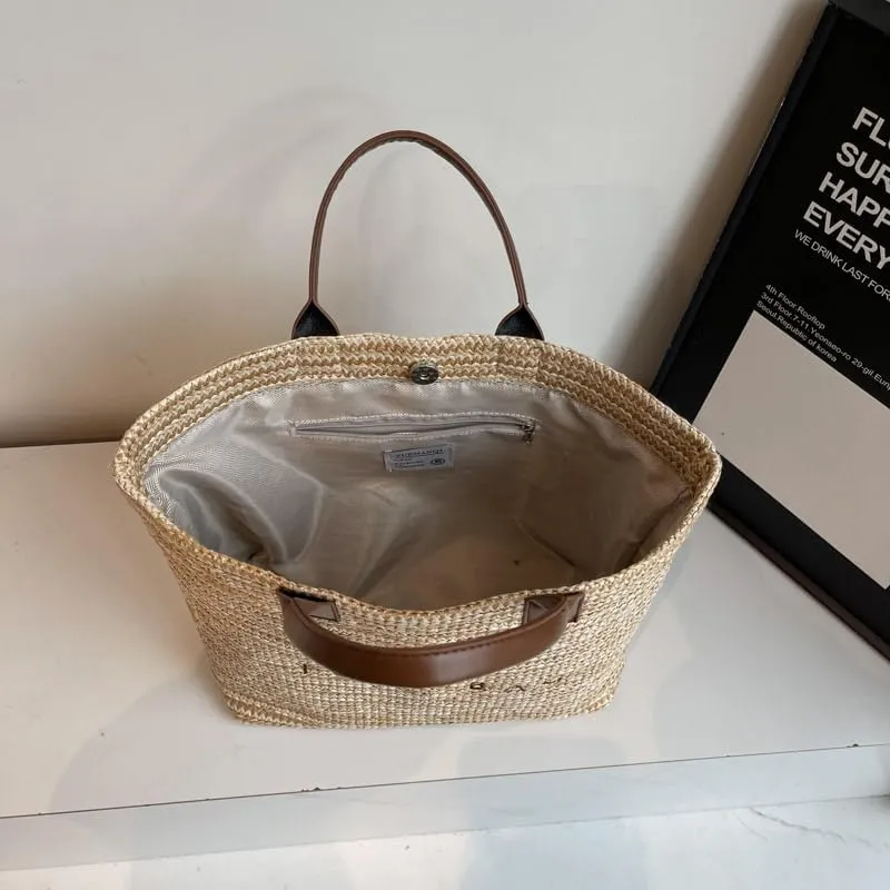 PVC Tote Bag for Women Plastic Straw Tote Bag Large Letters Print Handbag