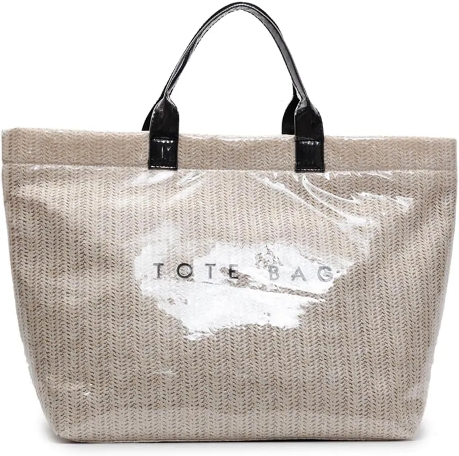 PVC Tote Bag for Women Plastic Straw Tote Bag Large Letters Print Handbag