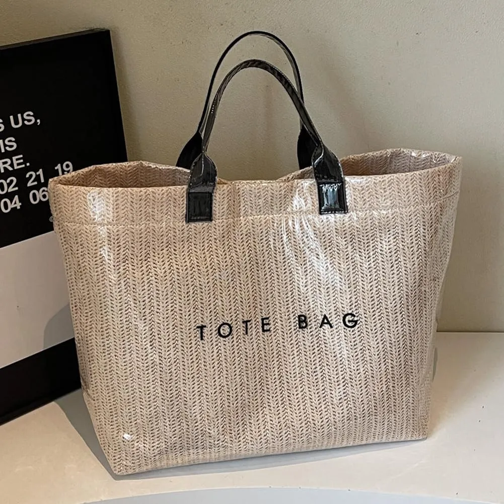PVC Tote Bag for Women Plastic Straw Tote Bag Large Letters Print Handbag