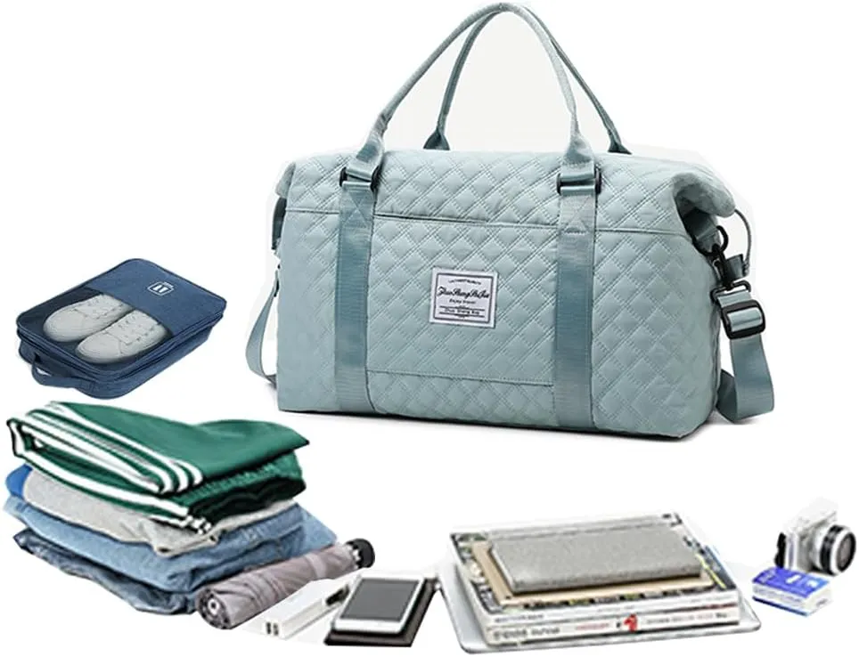 Quilted Duffle Bag Gym Overnight Tote Duffel Carry On Blue Travel Traveling Weekend Sports Bag for Women