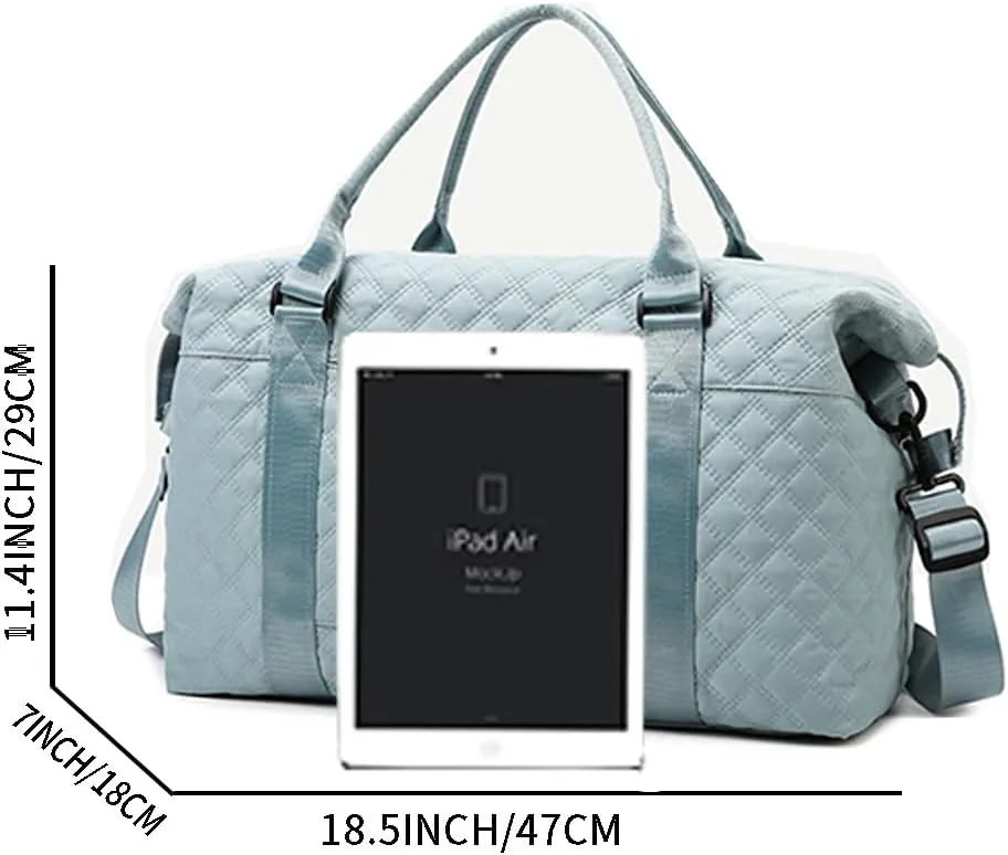 Quilted Duffle Bag Gym Overnight Tote Duffel Carry On Blue Travel Traveling Weekend Sports Bag for Women