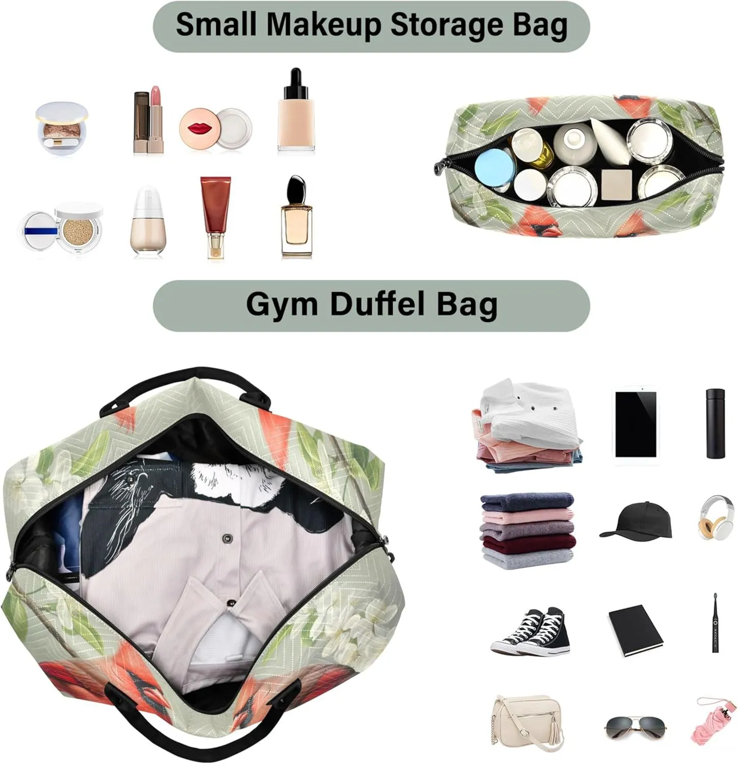 Red Birds Floral Duffel Bag for Travel Toiletry Pouches Set of 2, Animal Floral Garment Duffel Bag Overnight Bag