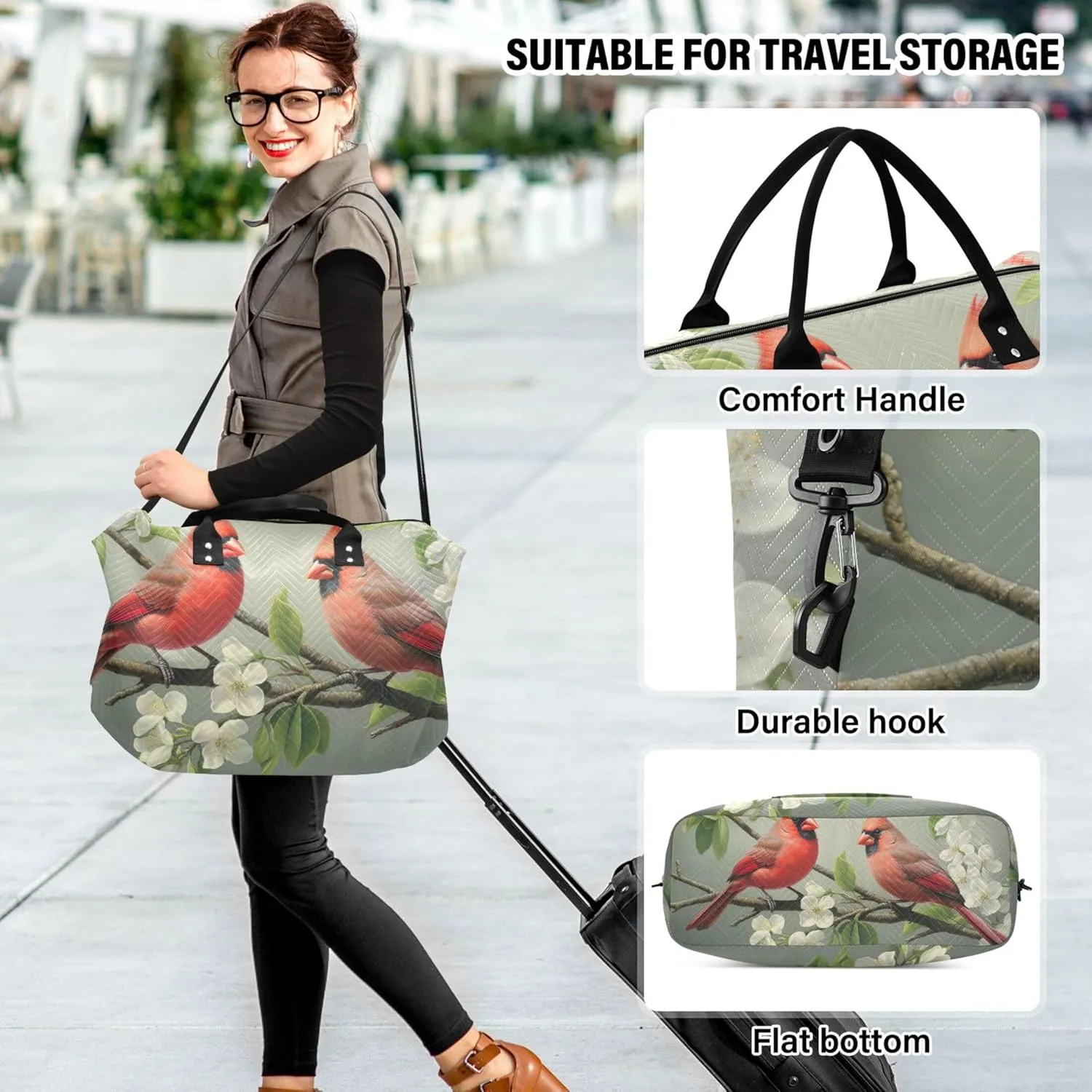 Red Birds Floral Duffel Bag for Travel Toiletry Pouches Set of 2, Animal Floral Garment Duffel Bag Overnight Bag