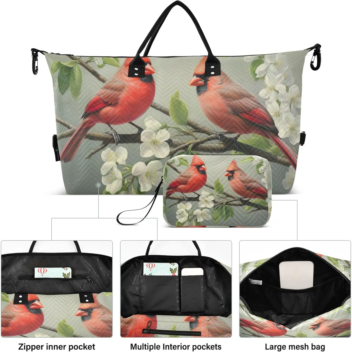 Red Birds Floral Duffel Bag for Travel Toiletry Pouches Set of 2, Animal Floral Garment Duffel Bag Overnight Bag