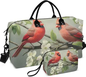 Red Birds Floral Duffel Bag for Travel Toiletry Pouches Set of 2, Animal Floral Garment Duffel Bag Overnight Bag