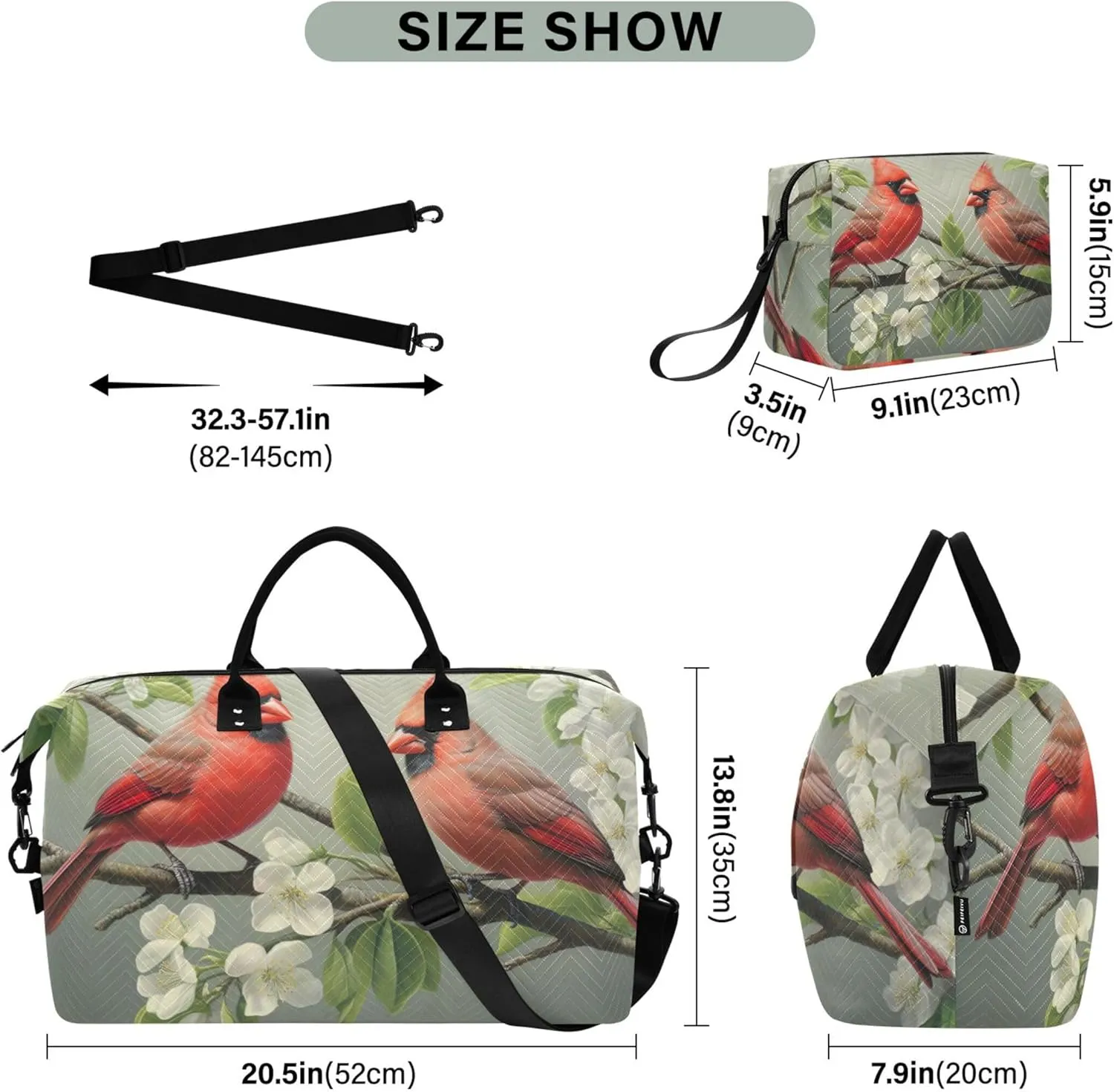 Red Birds Floral Duffel Bag for Travel Toiletry Pouches Set of 2, Animal Floral Garment Duffel Bag Overnight Bag