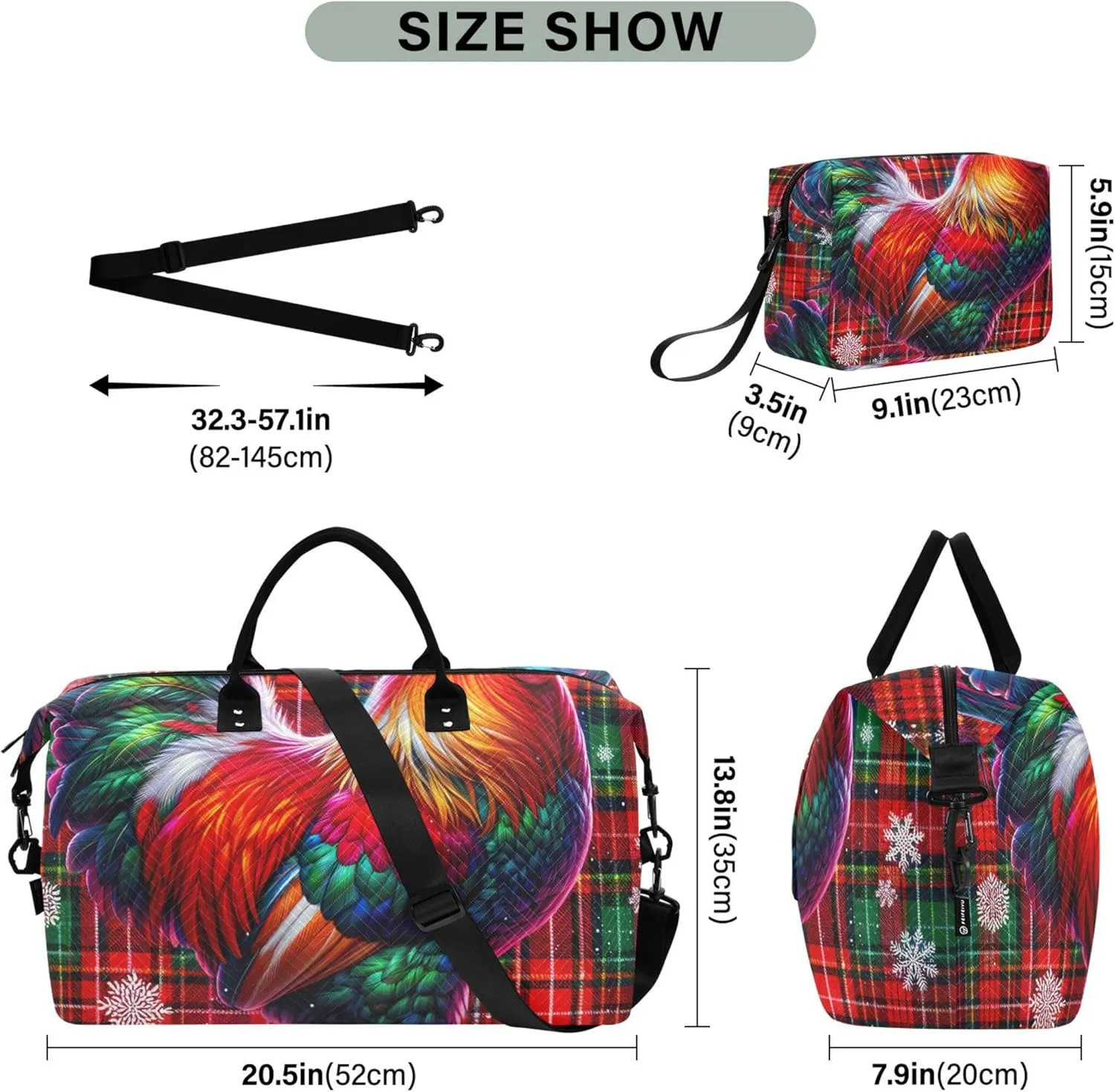 Rooster Christmas Tartan Duffle Travel Bags Toiletry Pouches Set of 2, Colorful Womens Garment Duffel Bag Carry on Bags