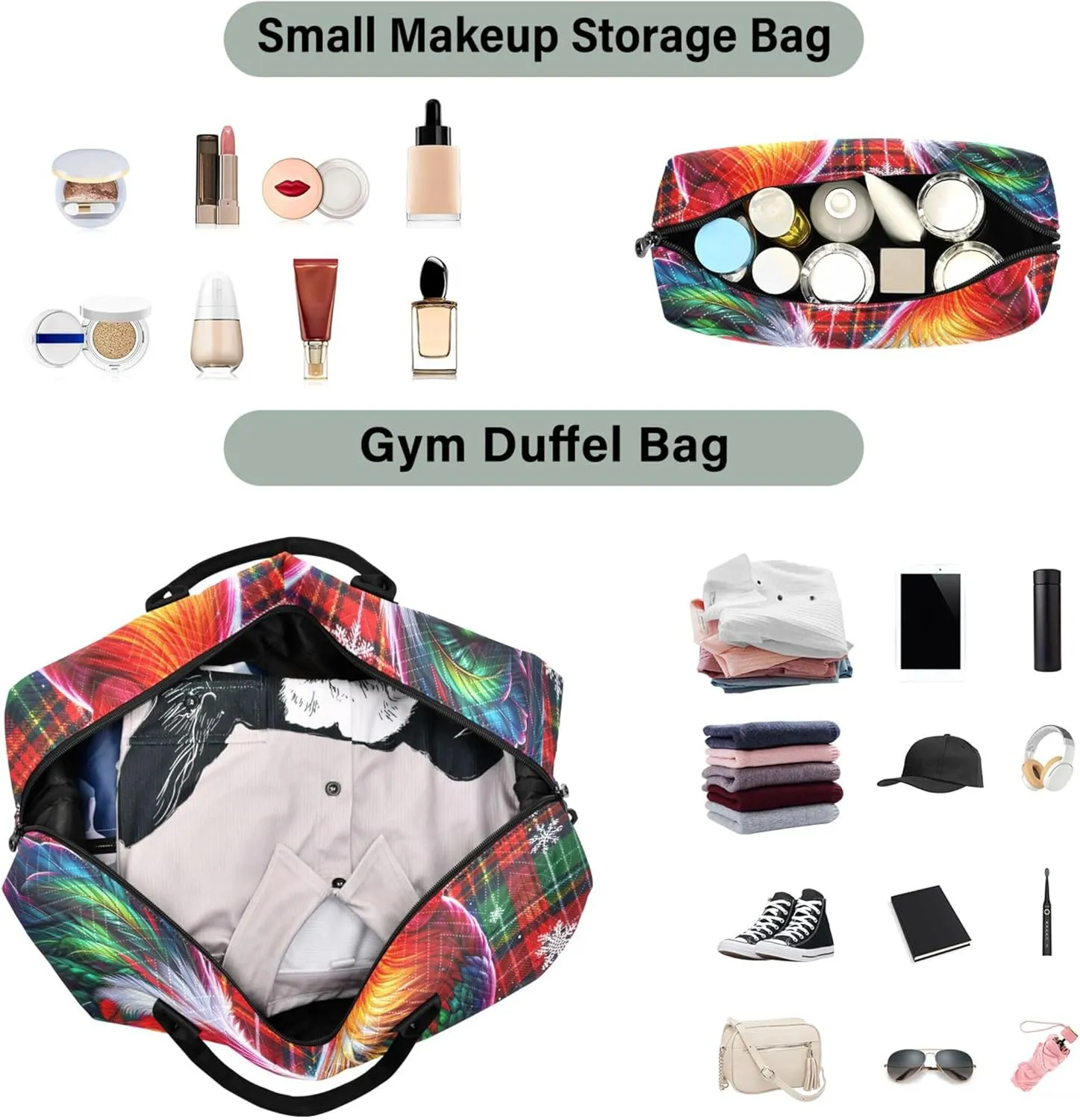 Rooster Christmas Tartan Duffle Travel Bags Toiletry Pouches Set of 2, Colorful Womens Garment Duffel Bag Carry on Bags