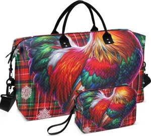 Rooster Christmas Tartan Duffle Travel Bags Toiletry Pouches Set of 2, Colorful Womens Garment Duffel Bag Carry on Bags