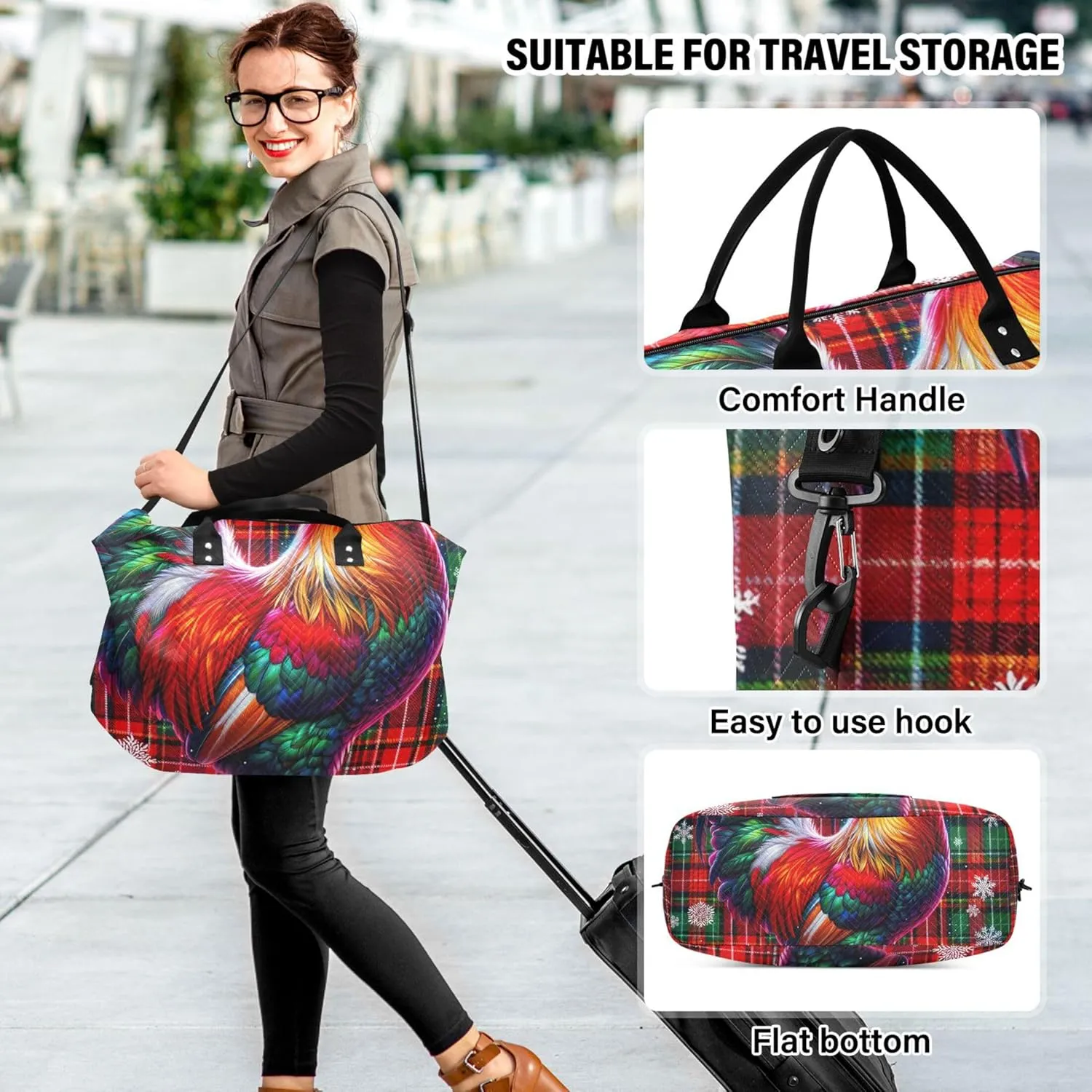 Rooster Christmas Tartan Duffle Travel Bags Toiletry Pouches Set of 2, Colorful Womens Garment Duffel Bag Carry on Bags