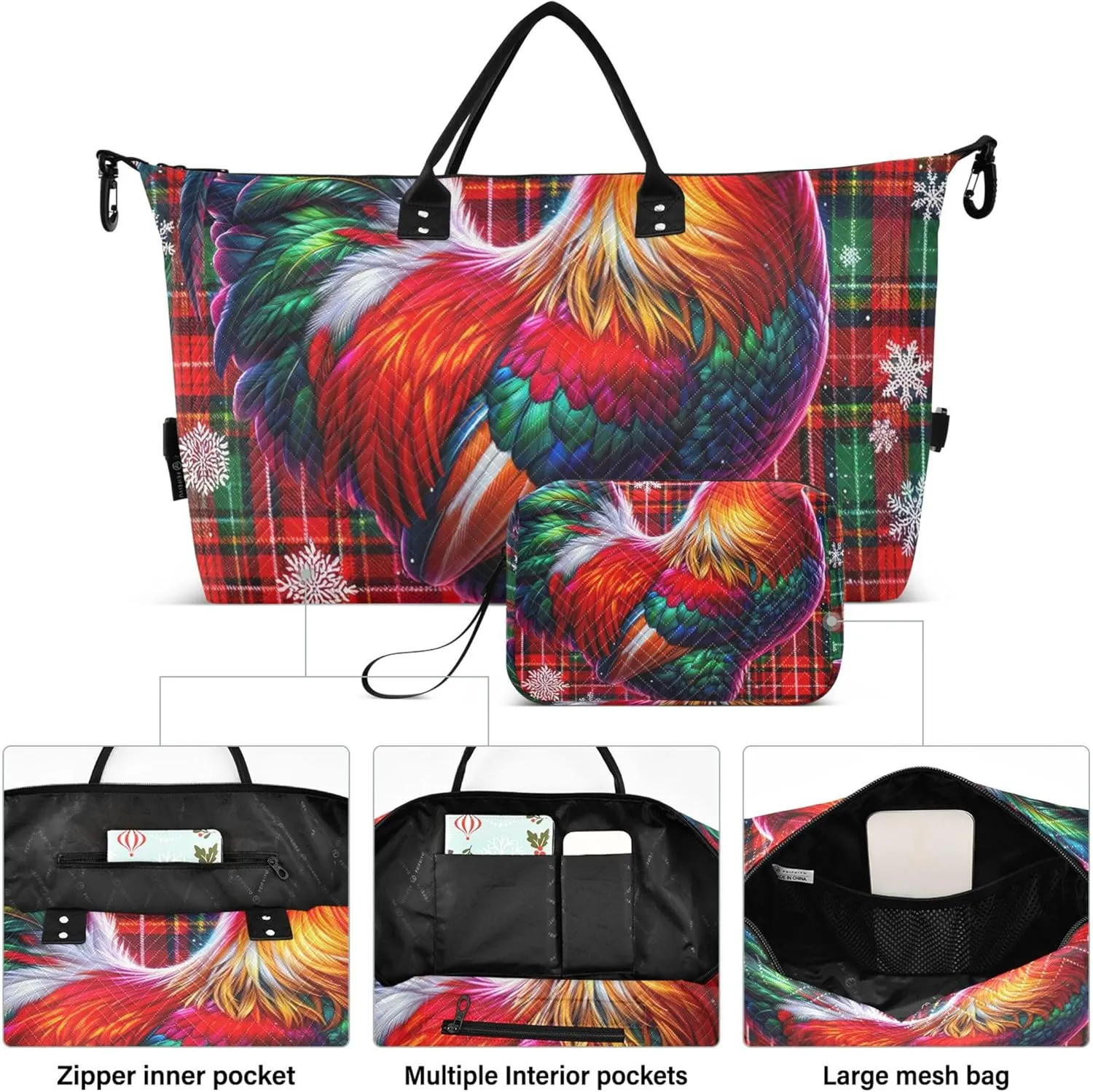Rooster Christmas Tartan Duffle Travel Bags Toiletry Pouches Set of 2, Colorful Womens Garment Duffel Bag Carry on Bags