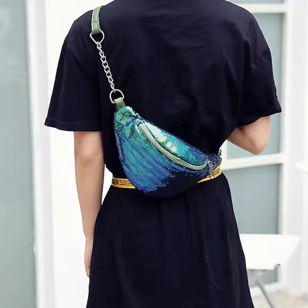 Sequined Pack for Women, Cute Waist Belt Bag, Crossbody Bag Water Resistant Small Bum Bag with Adjustable Belt for Running Hiking