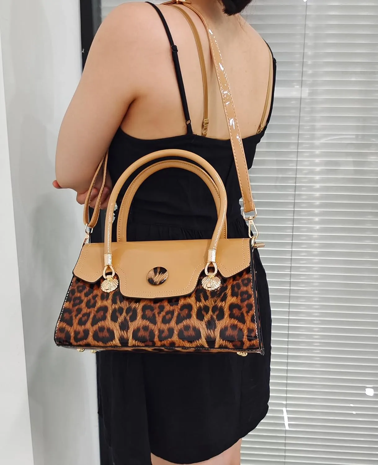 Shiny Leopard Print Handbag for Women Leather Tote Bag Convertible Shoulder Bags Purses