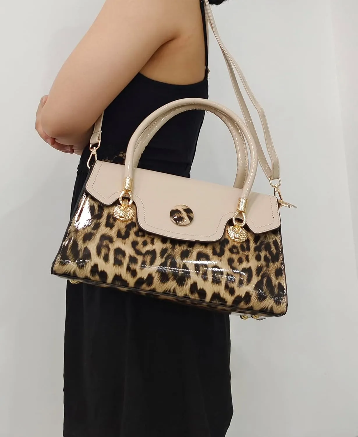 Shiny Leopard Print Handbag for Women Leather Tote Bag Convertible Shoulder Bags Purses