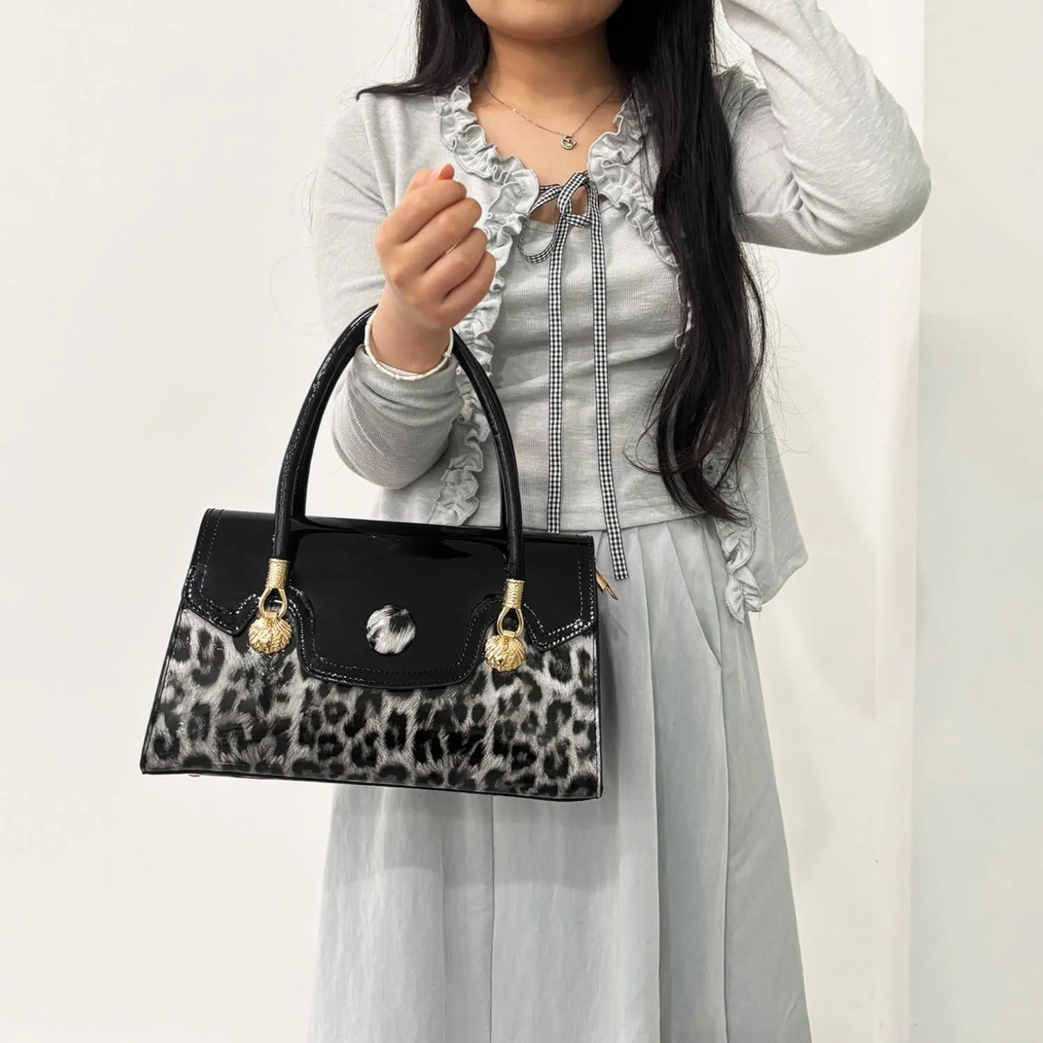Shiny Leopard Print Handbag for Women Leather Tote Bag Convertible Shoulder Bags Purses