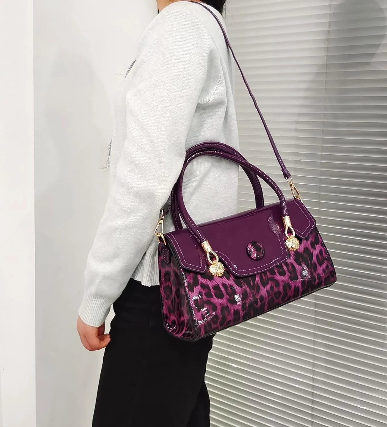 Shiny Leopard Print Handbag for Women Leather Tote Bag Convertible Shoulder Bags Purses