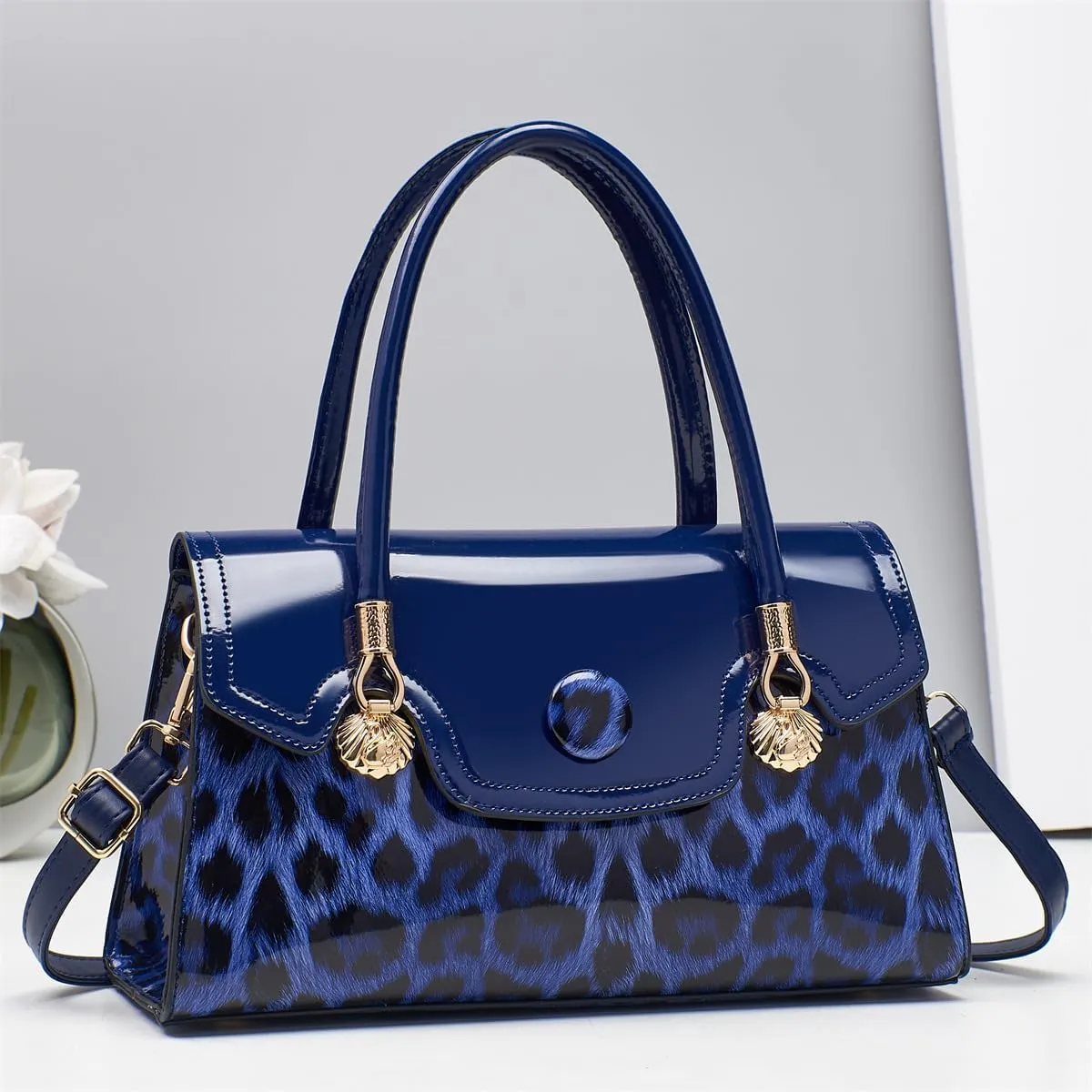 Shiny Leopard Print Handbag for Women Leather Tote Bag Convertible Shoulder Bags Purses
