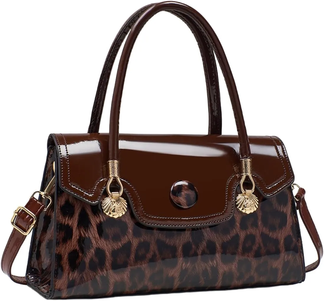 Shiny Leopard Print Handbag for Women Leather Tote Bag Convertible Shoulder Bags Purses