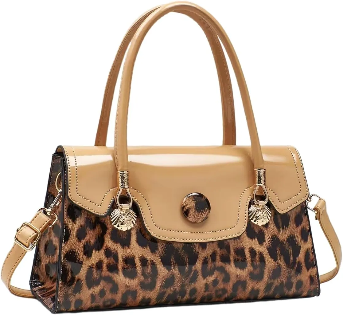 Shiny Leopard Print Handbag for Women Leather Tote Bag Convertible Shoulder Bags Purses
