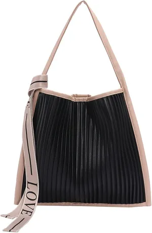 Shoulder Bags Large-Capacity Bags, Women's Autumn All-Match Pleated Shoulder Bag, Tote Bag Bucket Bag, PU Soft Leather Attendance Bag(Black)