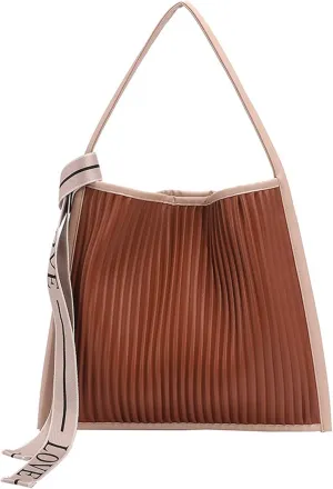 Shoulder Bags Large-Capacity Bags, Women's Autumn All-Match Pleated Shoulder Bag, Tote Bag Bucket Bag, PU Soft Leather Attendance Bag(Dark Brown)