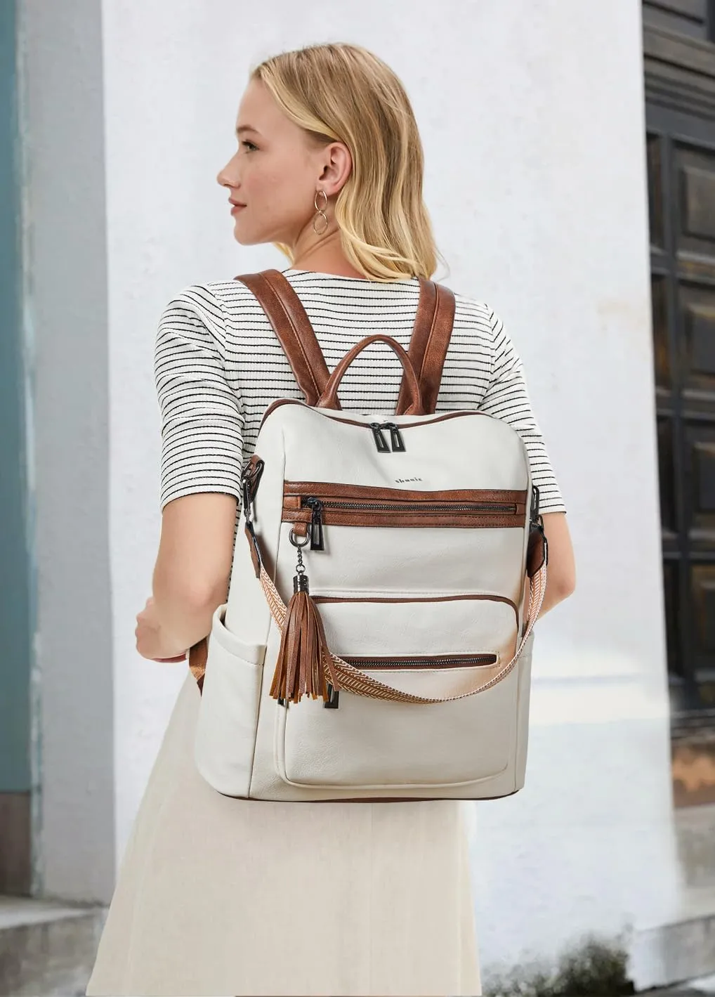 Shrrie 15.6 inch Laptop Backpack for Women,Large Leather Backpack Purse,Travel,Carry on,Water Resistant Casual Laptop Backpacks,College Backpack,Work Backpack for Women,Beige with Brown