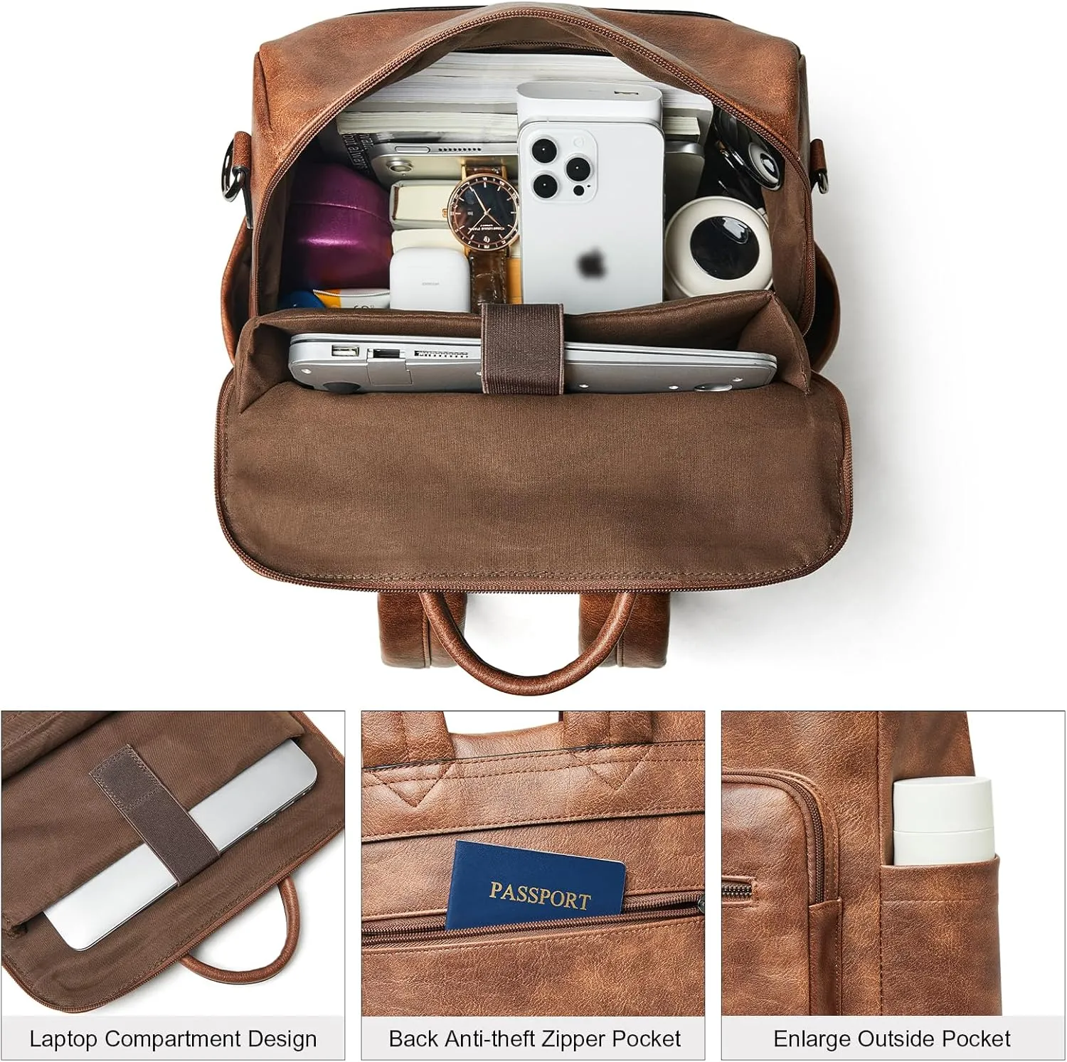 Shrrie 15.6 inch Laptop Backpack for Women,Large Leather Backpack Purse,Travel,Carry on,Water Resistant Casual Laptop Backpacks,College Backpack,Work Backpack for Women,Two-toned Brown