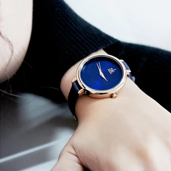 SK Elegant Minimalist Womens Watch, Slim Leather Strap