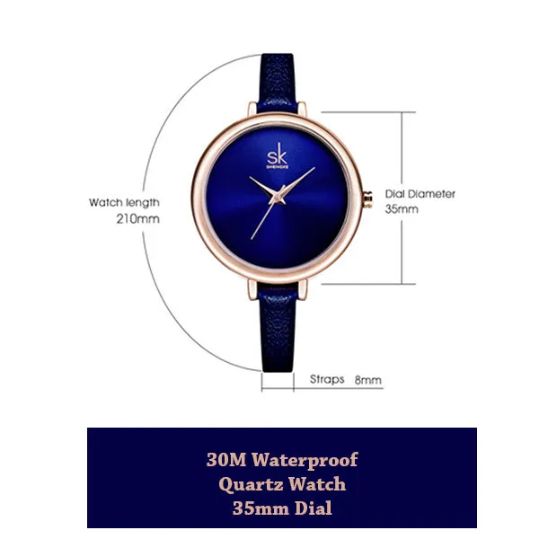 SK Elegant Minimalist Womens Watch, Slim Leather Strap