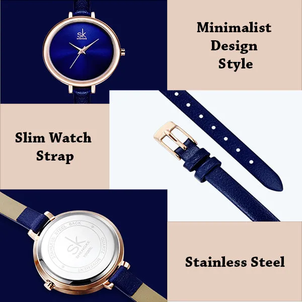 SK Elegant Minimalist Womens Watch, Slim Leather Strap