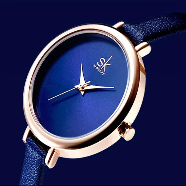 SK Elegant Minimalist Womens Watch, Slim Leather Strap