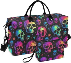 Skull Colorful Stars Travel Duffle Bag Duffel Bags Large Weekender Bag Carry On Duffel Bag Gym Bag with Toiletry Bag Garment Duffle Bags for Women Men Adults Airplanes Trip Yoga Sports