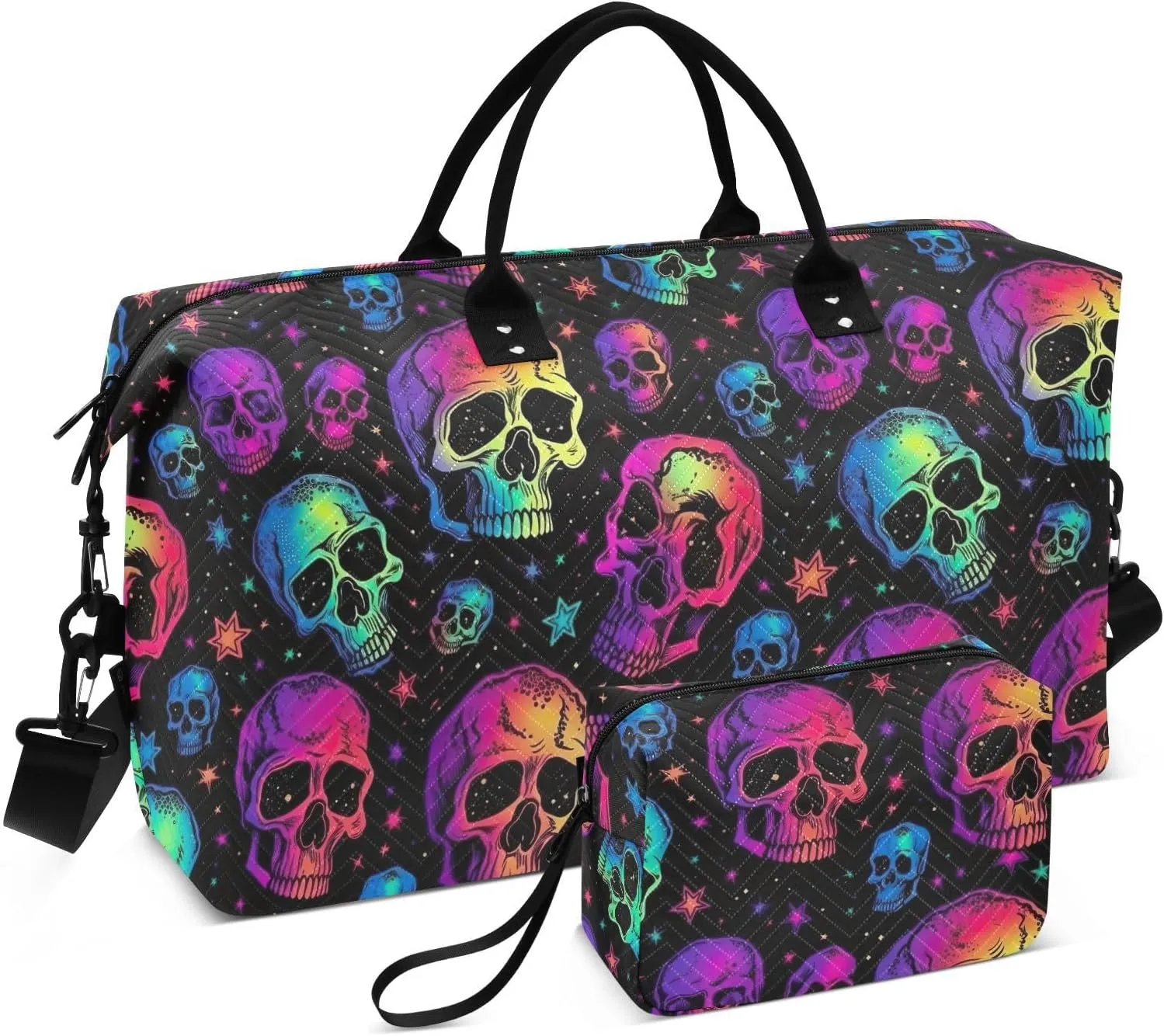 Skull Colorful Stars Travel Duffle Bag Duffel Bags Large Weekender Bag Carry On Duffel Bag Gym Bag with Toiletry Bag Garment Duffle Bags for Women Men Adults Airplanes Trip Yoga Sports