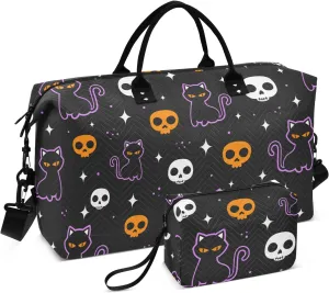 Skulls Cats Purple Travel Duffle Bag Duffel Bags Large Weekender Bag Carry On Duffel Bag Gym Bag with Toiletry Bag Garment Duffle Bags for Airplanes Women Men Yoga Sports Trip Adults