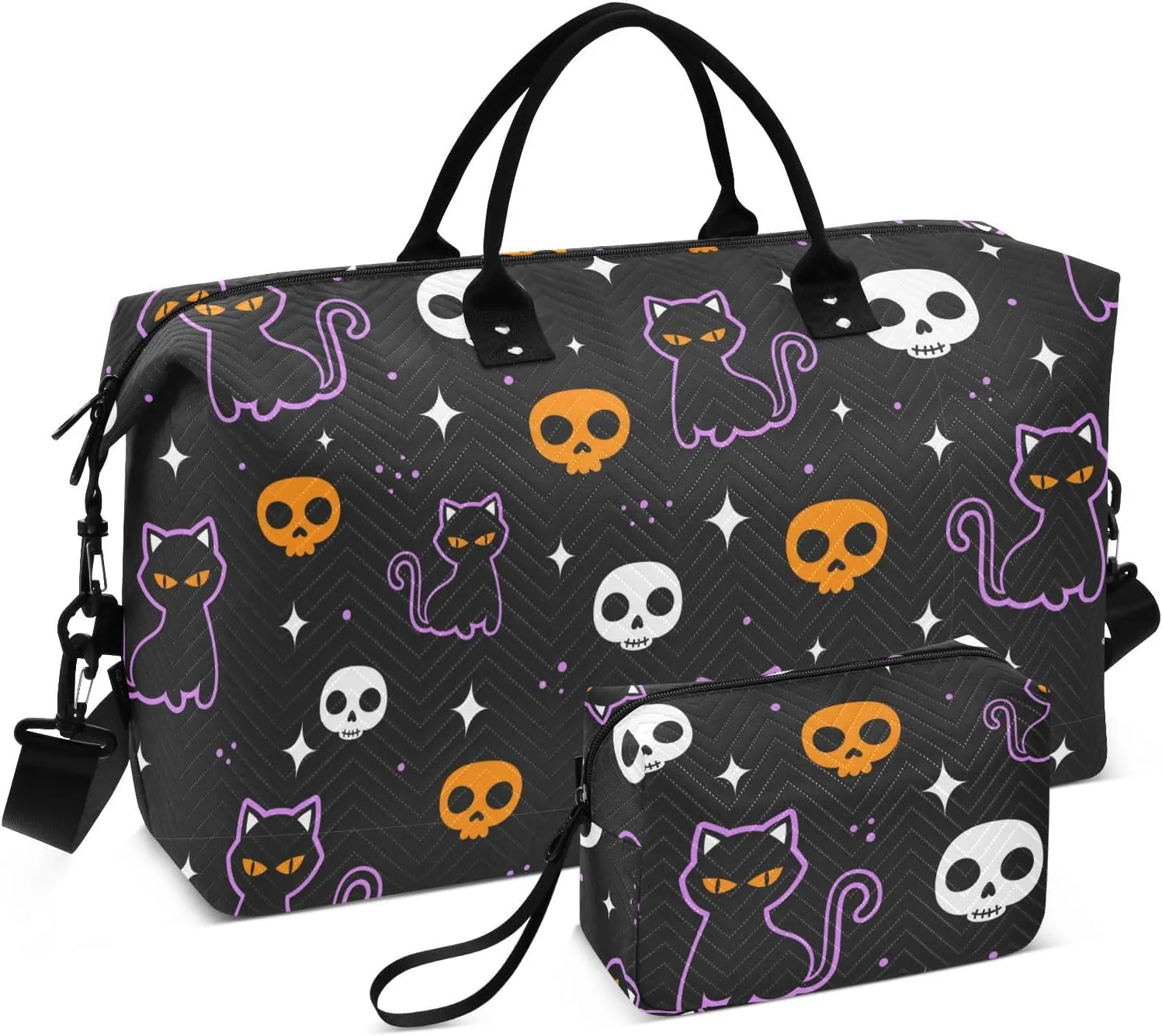 Skulls Cats Purple Travel Duffle Bag Duffel Bags Large Weekender Bag Carry On Duffel Bag Gym Bag with Toiletry Bag Garment Duffle Bags for Airplanes Women Men Yoga Sports Trip Adults