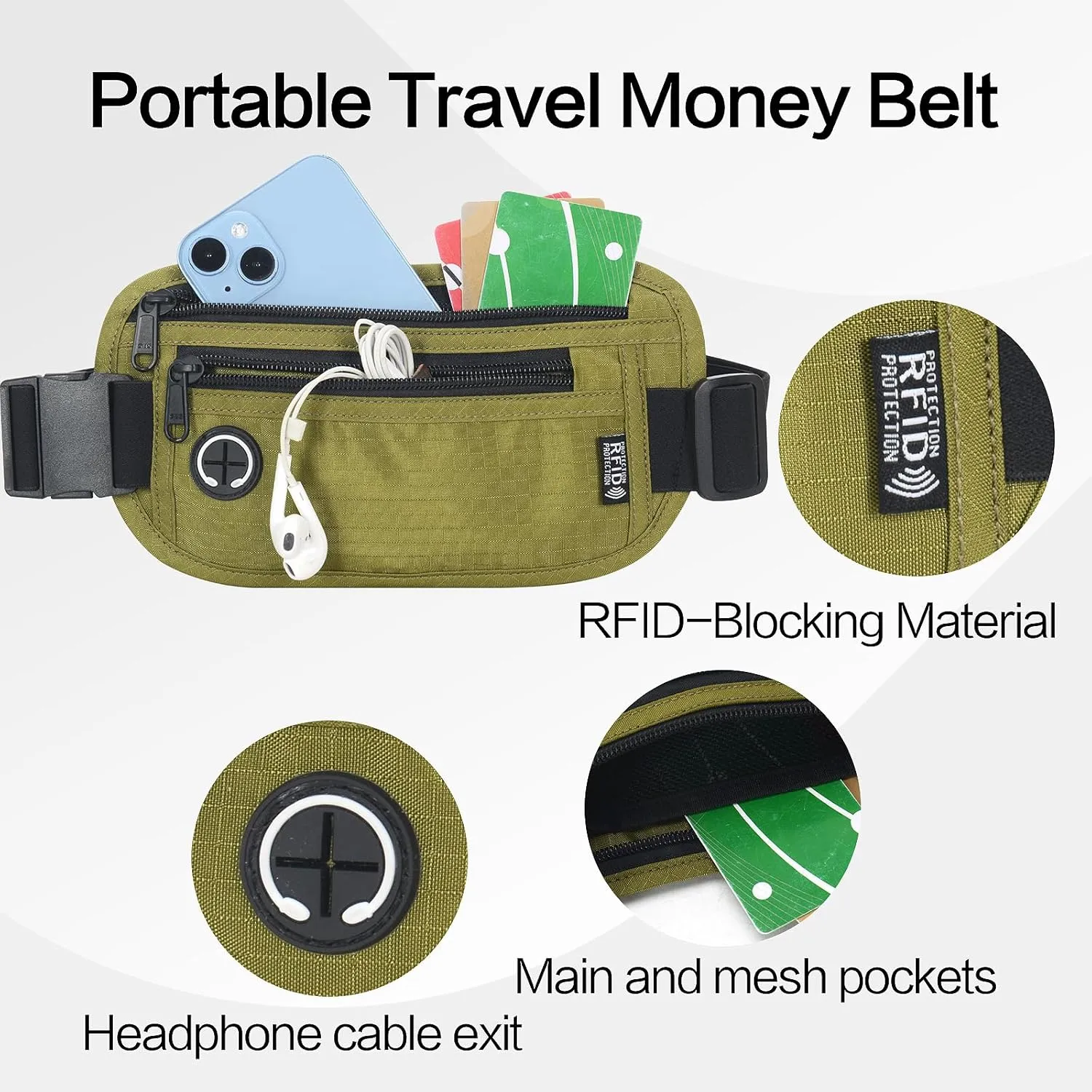 Slim RFID Blocking Money Belt for Travel - Anti-Theft Hidden Passport Holder Waist Wallet with Secure Pouch for Cash, Credit Cards & Phone Safe (Olive-green)