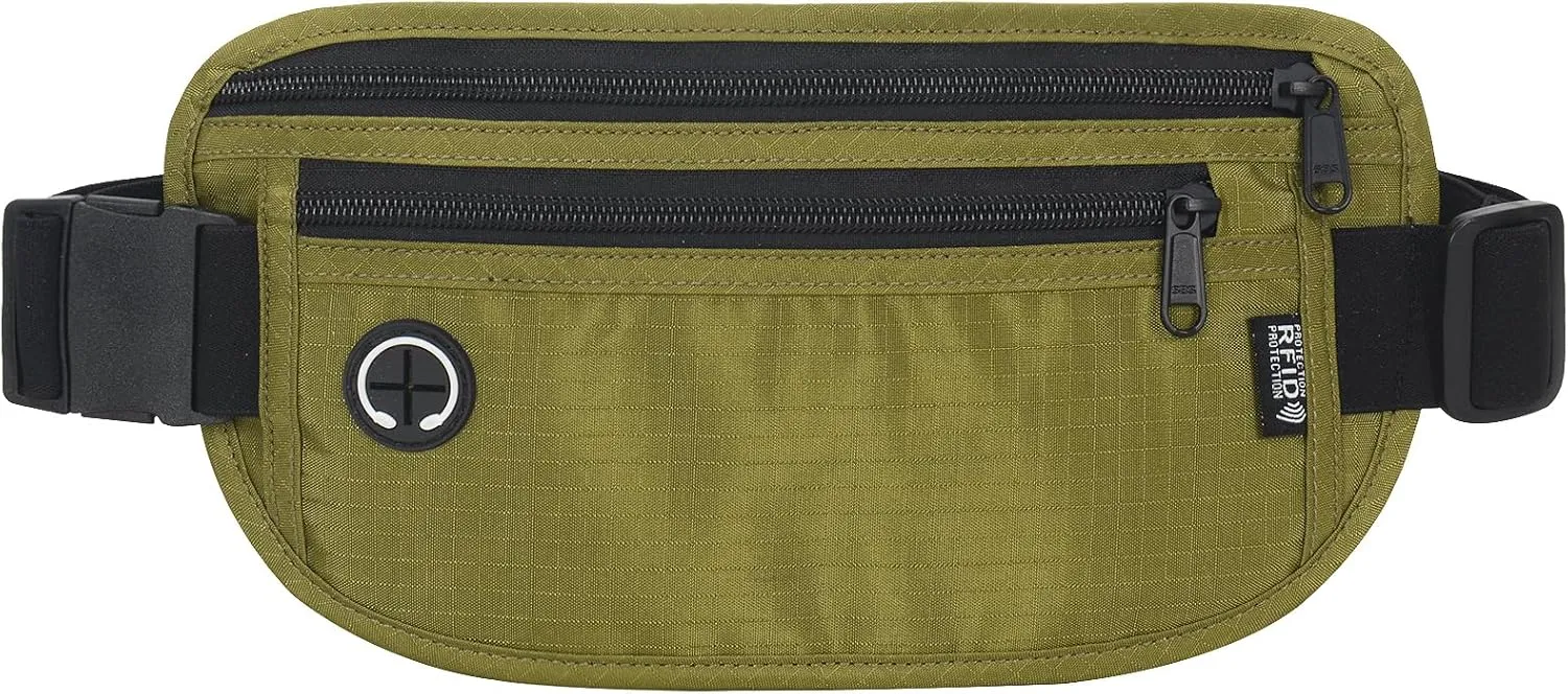 Slim RFID Blocking Money Belt for Travel - Anti-Theft Hidden Passport Holder Waist Wallet with Secure Pouch for Cash, Credit Cards & Phone Safe (Olive-green)