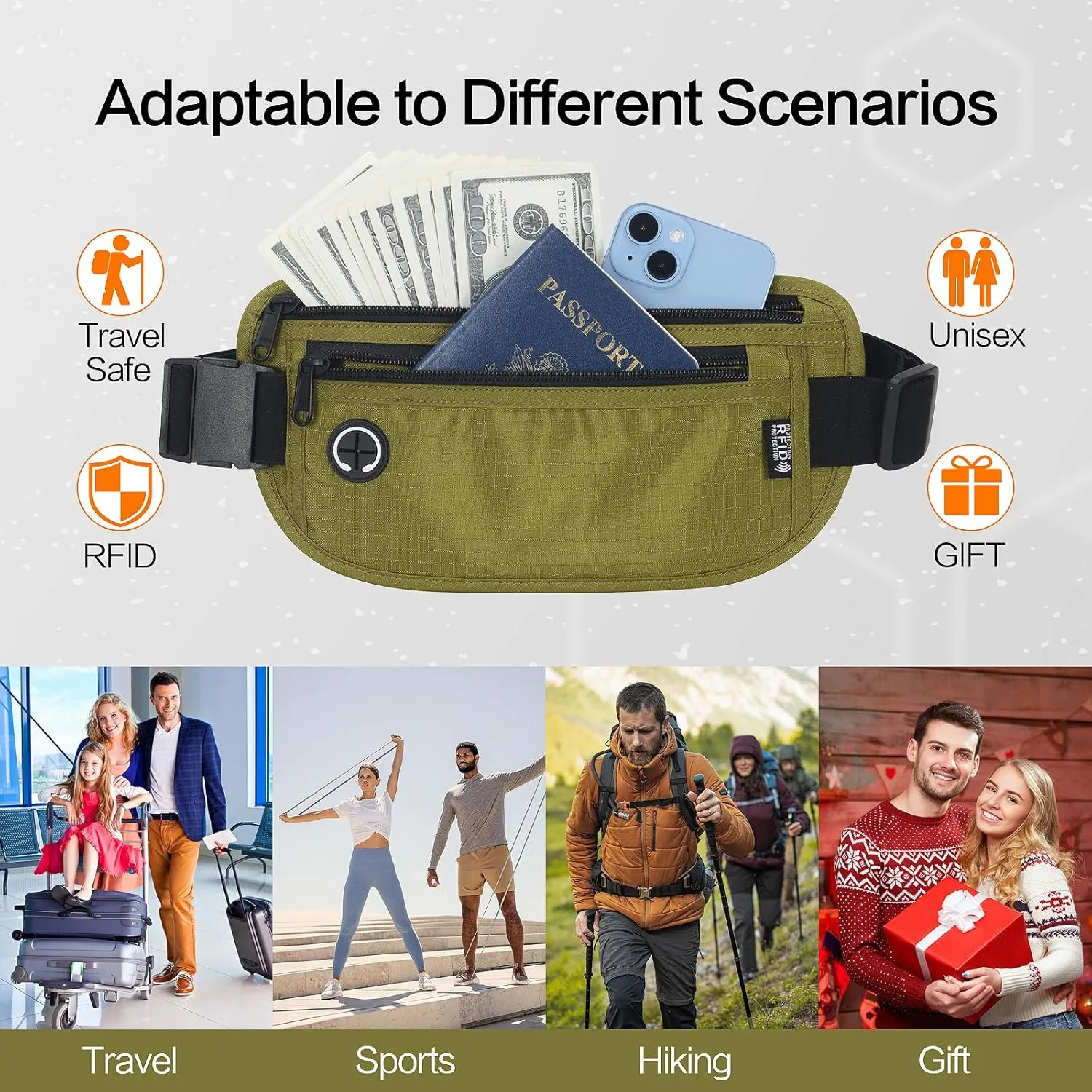 Slim RFID Blocking Money Belt for Travel - Anti-Theft Hidden Passport Holder Waist Wallet with Secure Pouch for Cash, Credit Cards & Phone Safe (Olive-green)