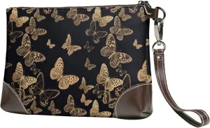 Small Clutch Purses for Women - Modern Golden Butterfly Leather Wristlet Wallets for Women with Wrist Strap