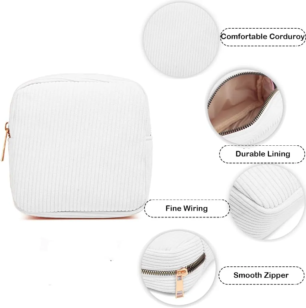 Small Cosmetics Bag, Mini Makeup Bag Cute Corduroy Pouches Purse Organizer Travel Toiletry Essentials (MINI WHITE)