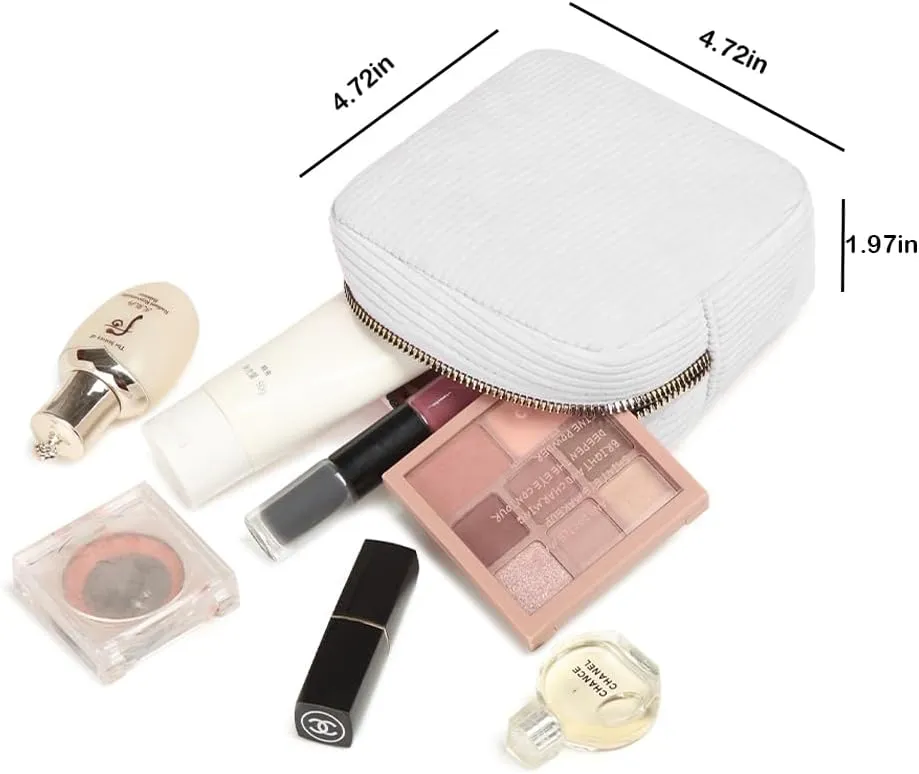 Small Cosmetics Bag, Mini Makeup Bag Cute Corduroy Pouches Purse Organizer Travel Toiletry Essentials (MINI WHITE)