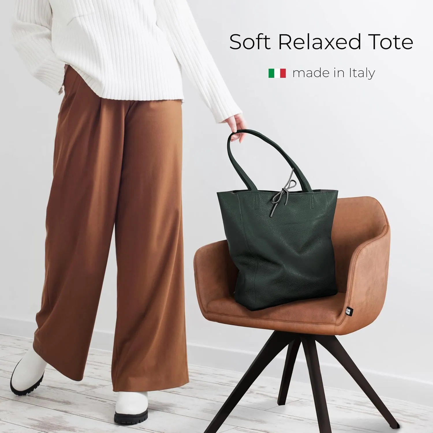 Soft Italian Genuine Calf Leather Tote Bag | Unstructured Unlined Shopper with Zipper, Inside Pocket & Flat Base