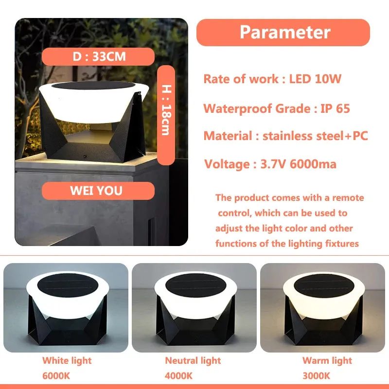 Solar-Powered LED Column Lamps  IP65 Waterproof Outdoor Lights with Remote Control, Dimmable 3 Color Temperatures & Stainless Steel Design