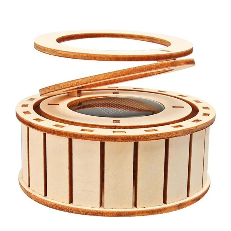 Solar Powered Rotating Double Ring Wooden Puzzle Toy