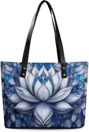 Stained Glass Lotus Mandala Women Soft Leather Handbags Tote Purses Shoulder Bucket Bags